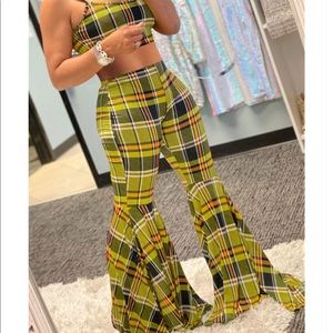 Plaid two piece flare pants set